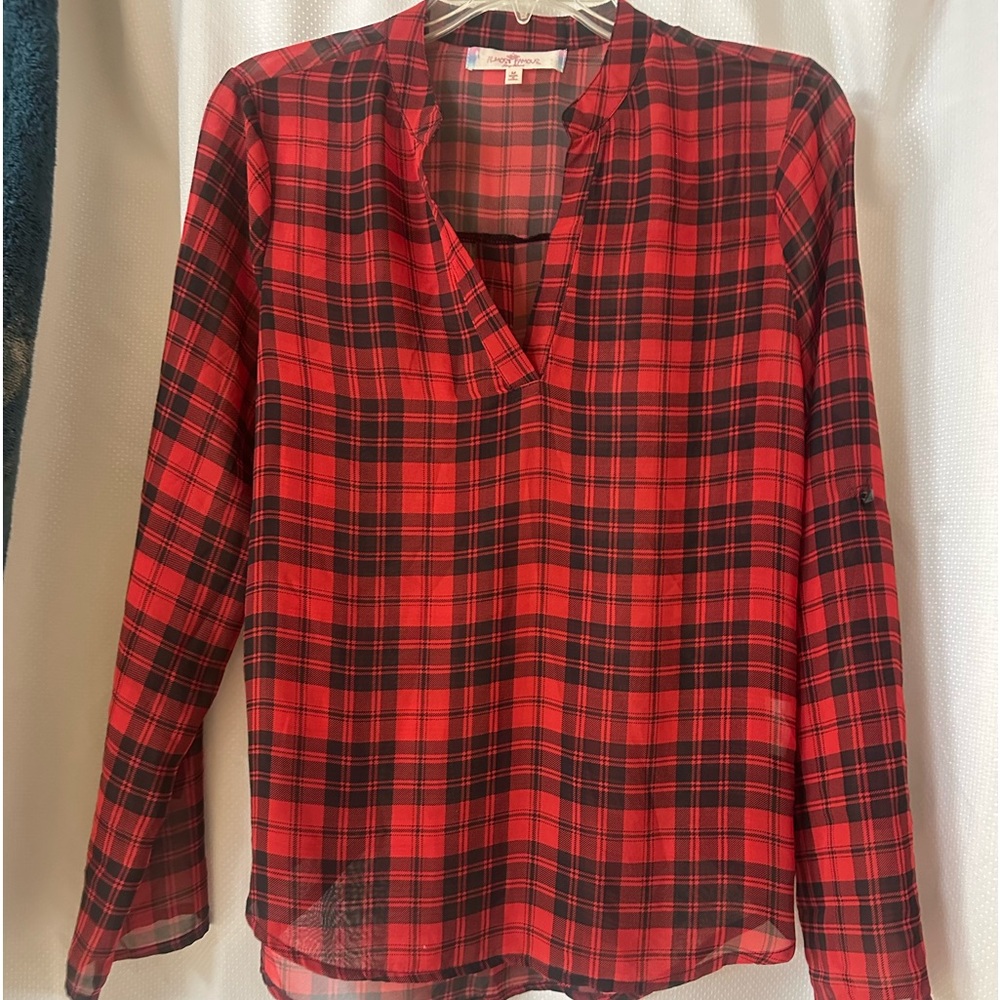 Hi/Lo Sheer Black and Red Plaid, Long Sleeve or 3/4 Button Sleeves Blouse - Picture 2 of 6